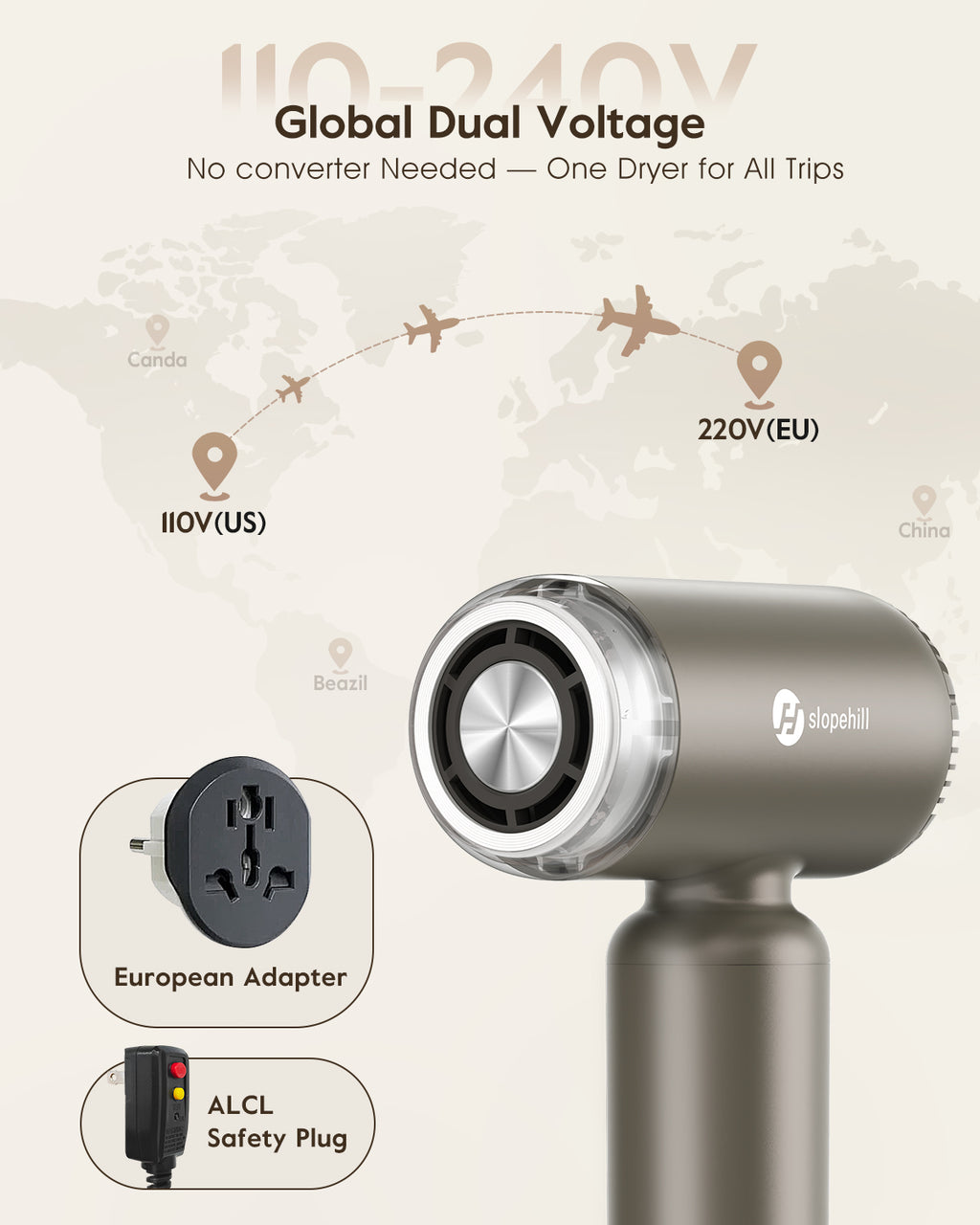 Slopehill® Dual Voltage Travel Mini Hair Dryer-Coffee