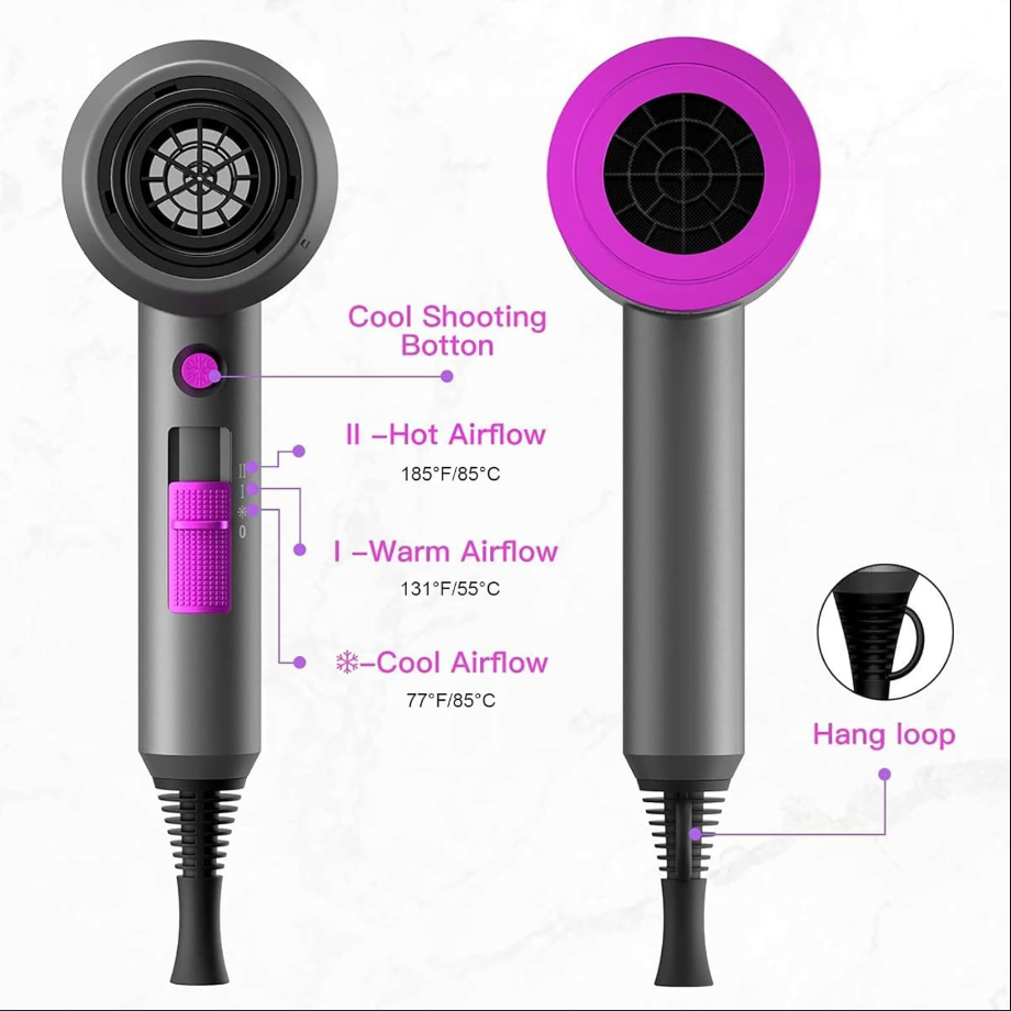 Slopehill AC Hammer Ionic Hair Dryer, Fast Drying Low Noise, 2 Nozzles & Diffuser, Home/Salon/Travel