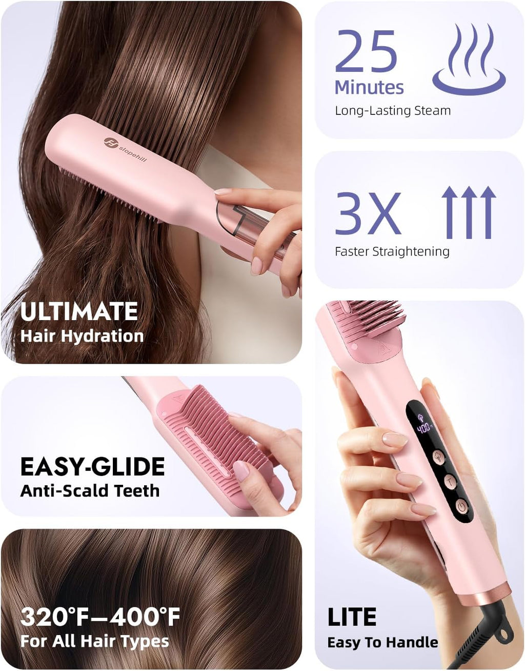 Slopehill® Steam Hair Straightener Brush,Pink