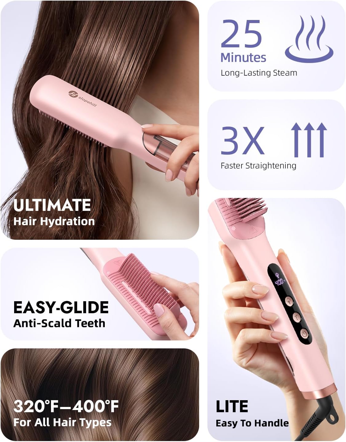 Slopehill® Steam Hair Straightener Brush,Pink