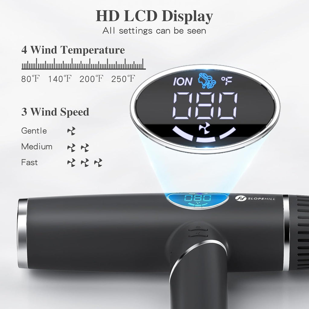 Slopehill Professional Foldable Ionic High-Speed Hair Dryer, Portable Compact with Magnetic Diffuser/Nozzle & LCD Display