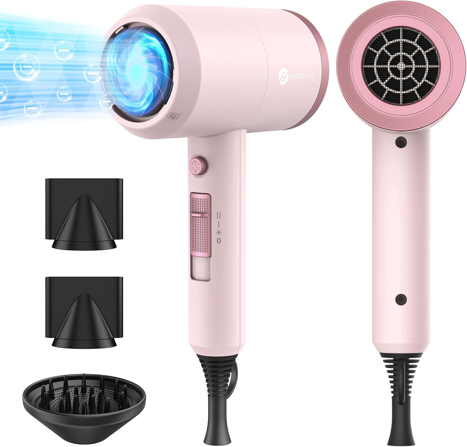 Slopehill Professional Ionic Hair Dryer, Powerful 1800W Fast Drying Low Noise Blow Dryer with 2 Concentrator Nozzle 1 Diffuser Attachments for Home Salon Travel