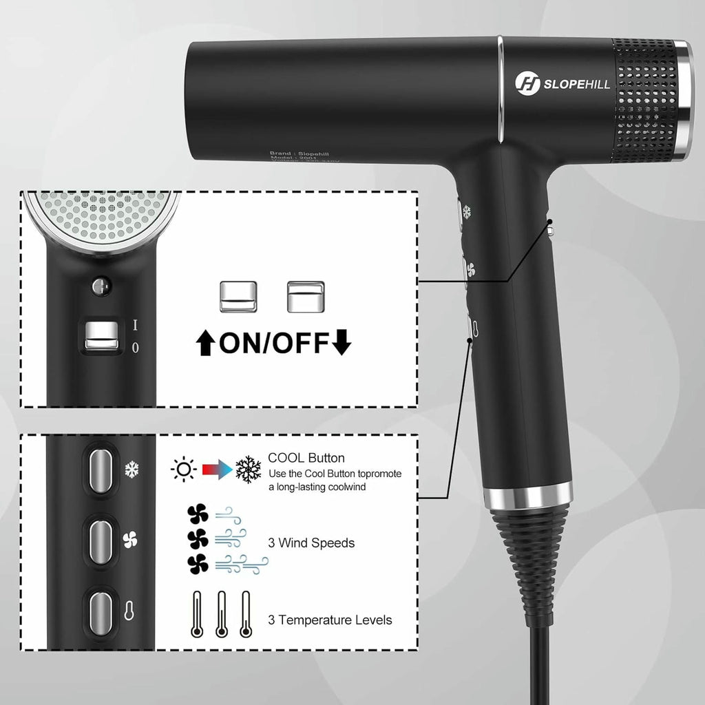 Slopehill Super Fast 110,000 RPM Hair Dryer | Smooth, Frizz-Free Hair with Ionic Power | Lightweight, 3 Heat Settings & Memory Function Oxy Active Technology | Led Display
